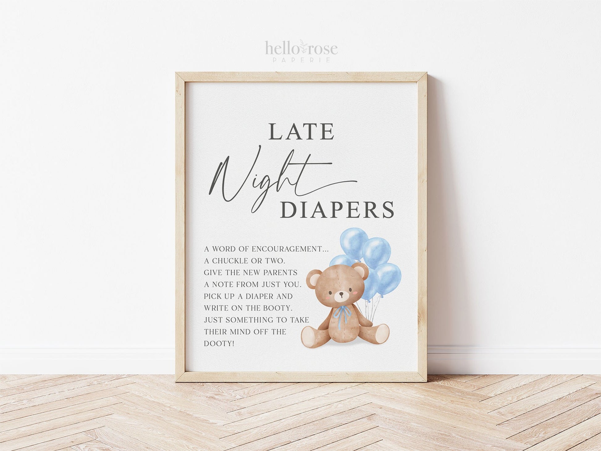 Late Night Diapers Baby Shower Game Sign, Teddy Bear with Blue Balloons, Boy Baby Shower, We Can Bearly Wait, Template Download TEMPLETT