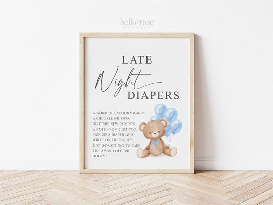 Late Night Diapers Baby Shower Game Sign, Teddy Bear with Blue Balloons, Boy Baby Shower, We Can Bearly Wait, Template Download TEMPLETT
