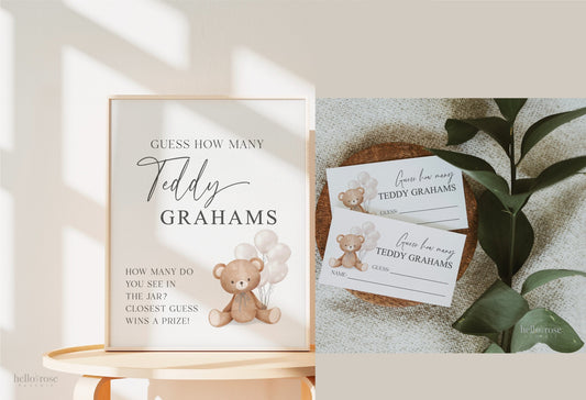 Guess How Many Teddy Grahams Baby Shower Game, Teddy Bear with WHITE Balloons, Gender Neutral, We Can Bearly Wait, Template Download