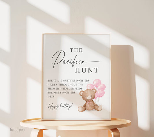 Pacifier Hunt Baby Shower Game Sign, Teddy Bear with Pink Balloons, Girl Baby Shower, Baby Sprinkle, We Can Bearly Wait, Template Download