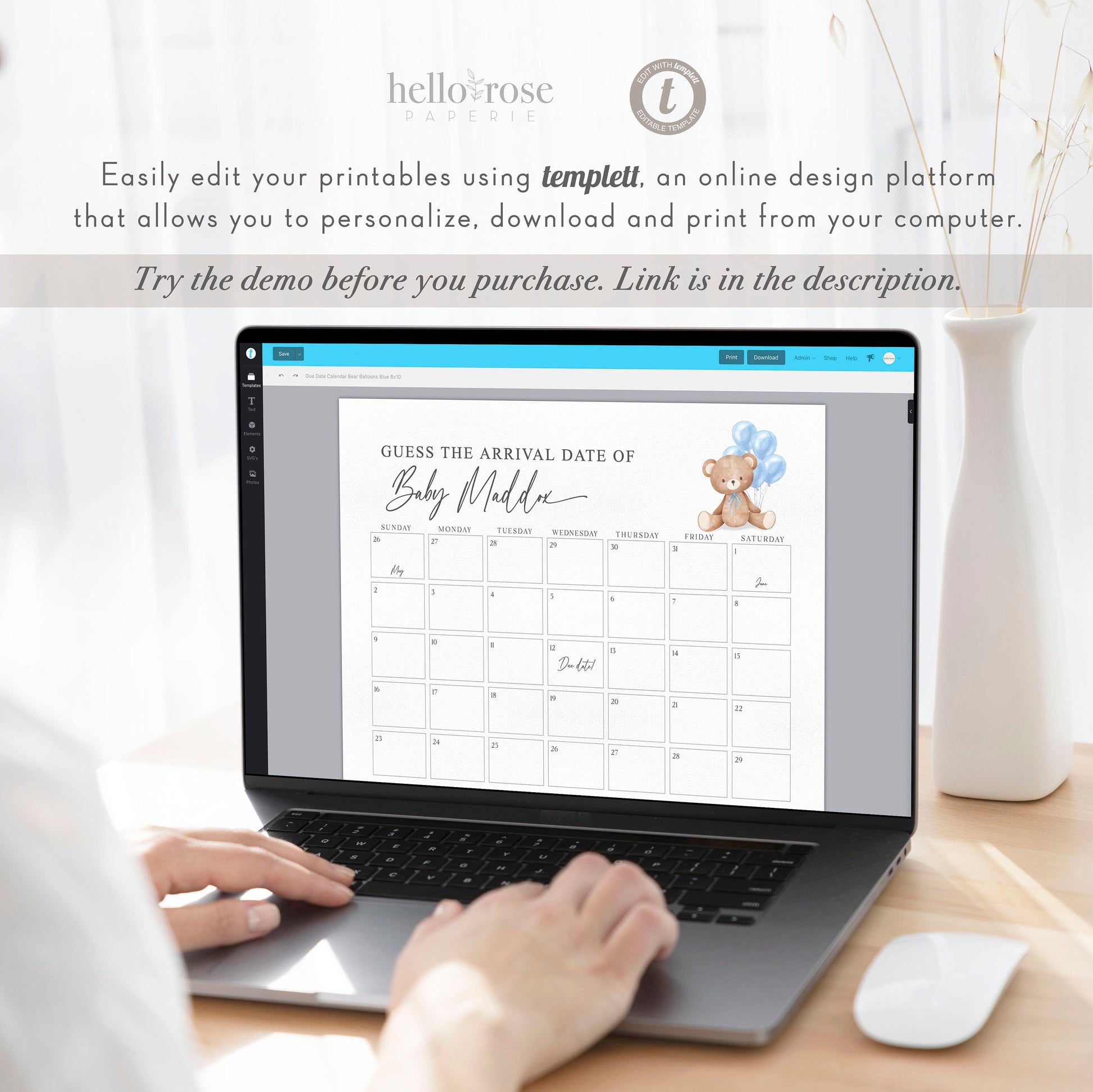 Bear Guess the Arrival Calendar Game, Guess the Birth Due Date, Bear with Blue Balloons, Boy Baby Shower, Bearly, Template Download TEMPLETT