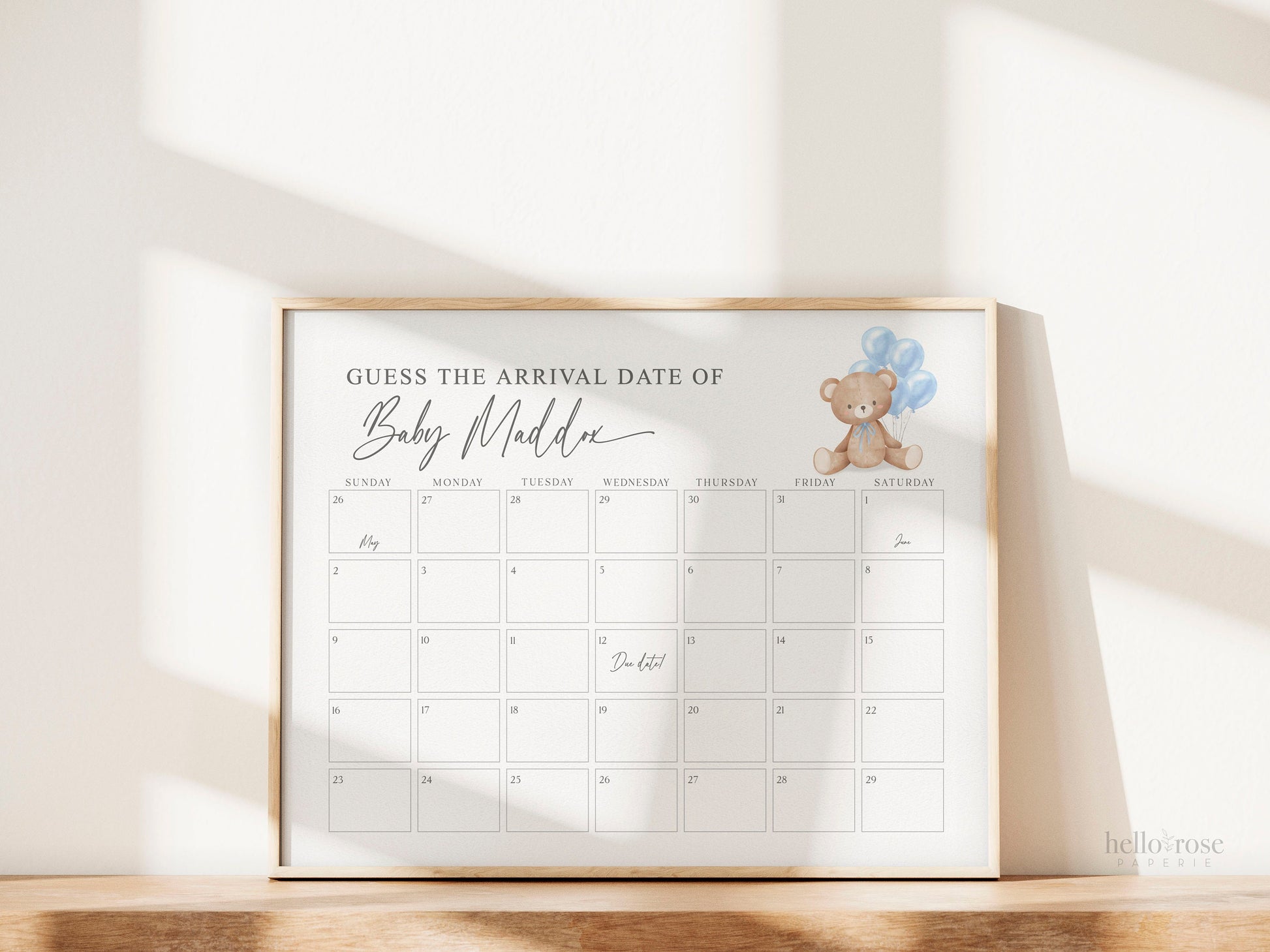Bear Guess the Arrival Calendar Game, Guess the Birth Due Date, Bear with Blue Balloons, Boy Baby Shower, Bearly, Template Download TEMPLETT