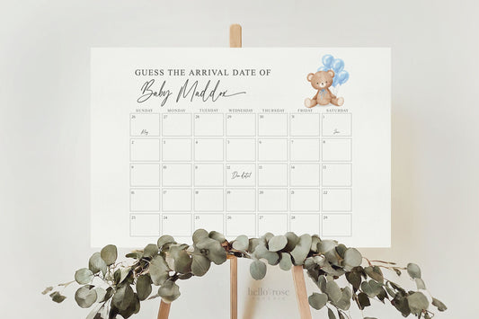 Bear Guess the Arrival Calendar Game, Guess the Birth Due Date, Bear with Blue Balloons, Boy Baby Shower, Bearly, Template Download TEMPLETT