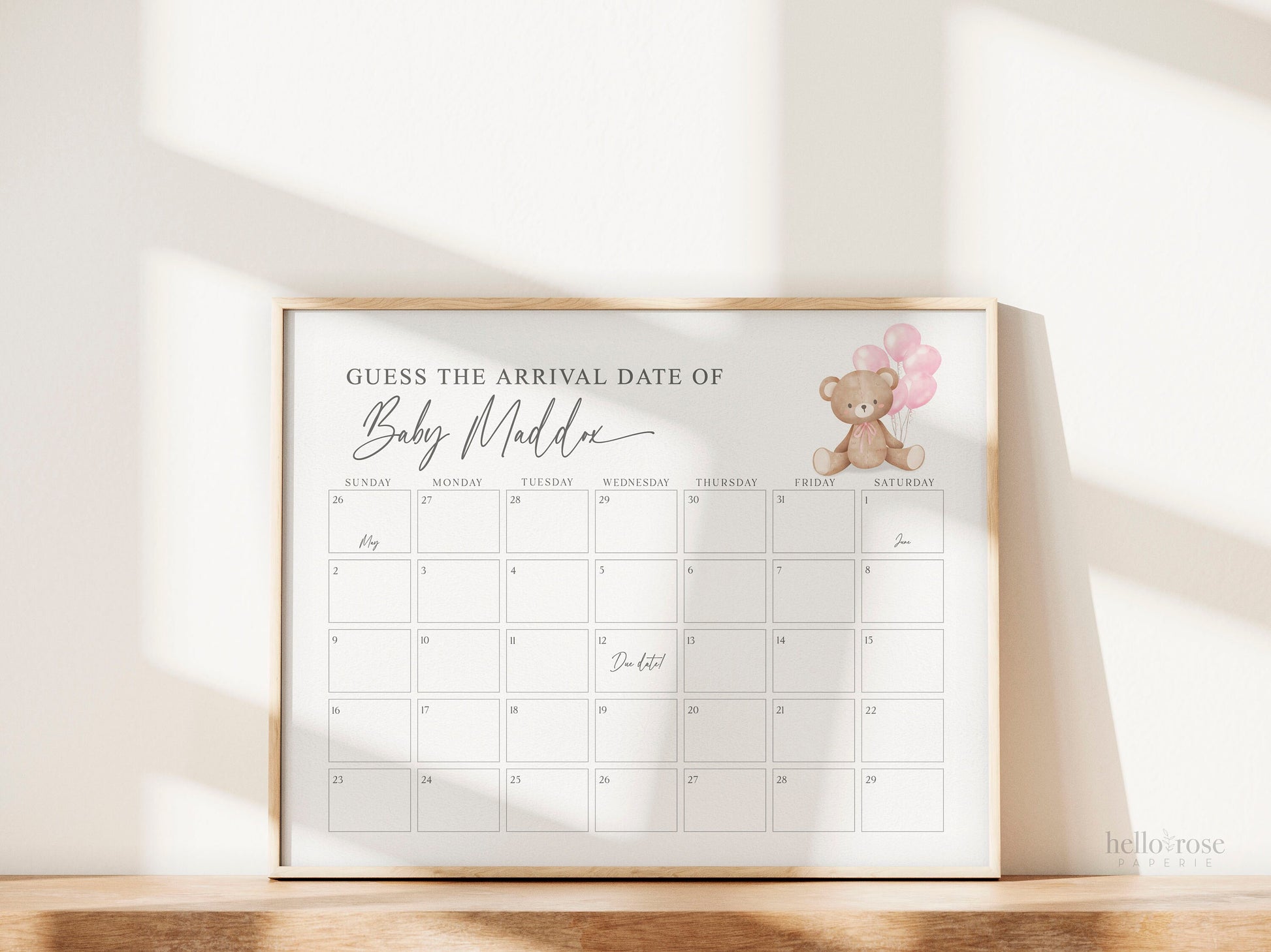 Bear Guess the Arrival Calendar Game, Guess the Birth Due Date, Bear with Pink Balloons, Girl Baby Shower, Template Download TEMPLETT