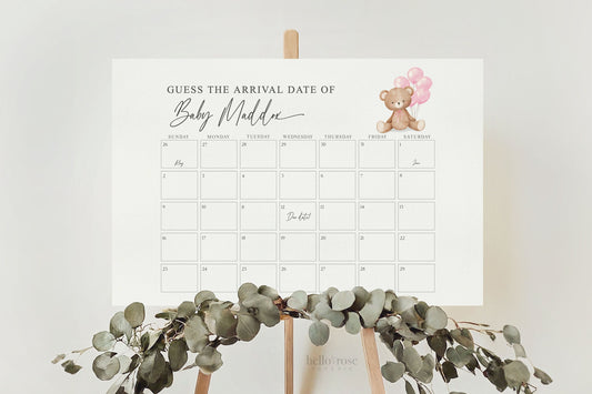 Bear Guess the Arrival Calendar Game, Guess the Birth Due Date, Bear with Pink Balloons, Girl Baby Shower, Template Download TEMPLETT