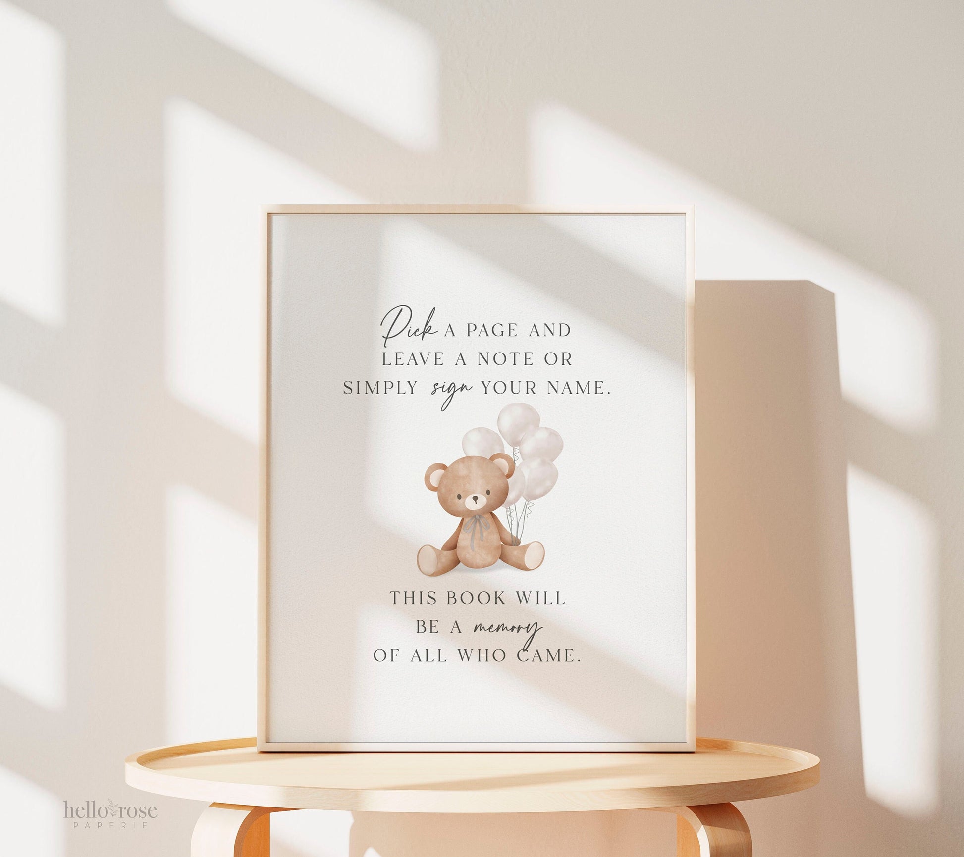 Pick a Page and Leave a Note Memory Baby Shower Guestbook Sign, Bear with Beige Balloons, Boy Girl Baby Sprinkle, Template Download TEMPLETT