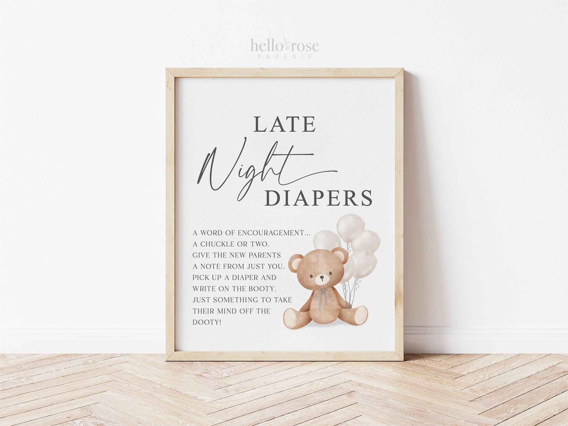 Late Night Diapers Baby Shower Game Sign, Teddy Bear White Balloons, Girl Boy Baby Shower, We Can Bearly Wait, Template Download TEMPLETT