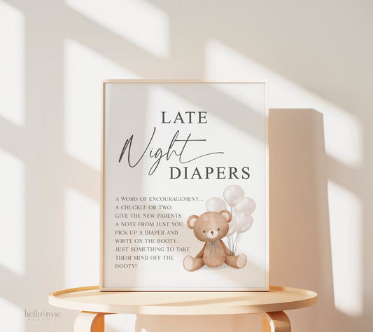 Late Night Diapers Baby Shower Game Sign, Teddy Bear White Balloons, Girl Boy Baby Shower, We Can Bearly Wait, Template Download TEMPLETT