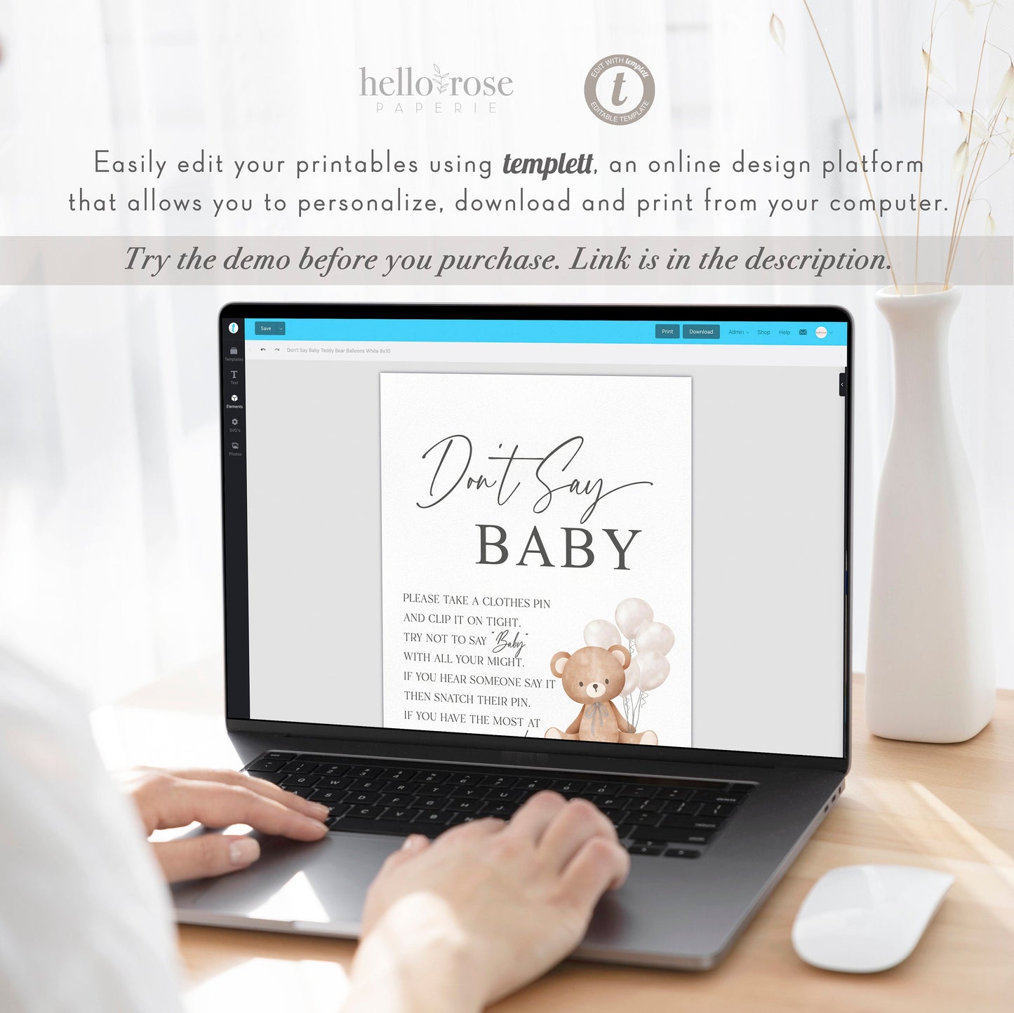 Dont Say Baby Baby Shower Game Sign, Teddy Bear with White Balloons, Girl Boy Baby Shower, Sprinkle, We Can Bearly Wait, Template Download