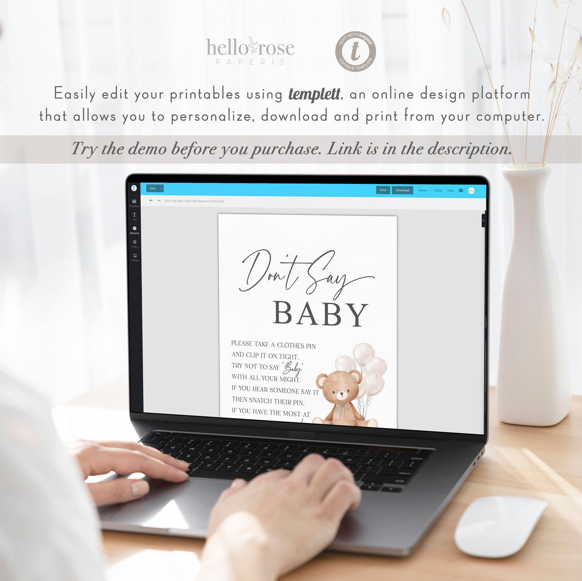 Dont Say Baby Baby Shower Game Sign, Teddy Bear with White Balloons, Girl Boy Baby Shower, Sprinkle, We Can Bearly Wait, Template Download