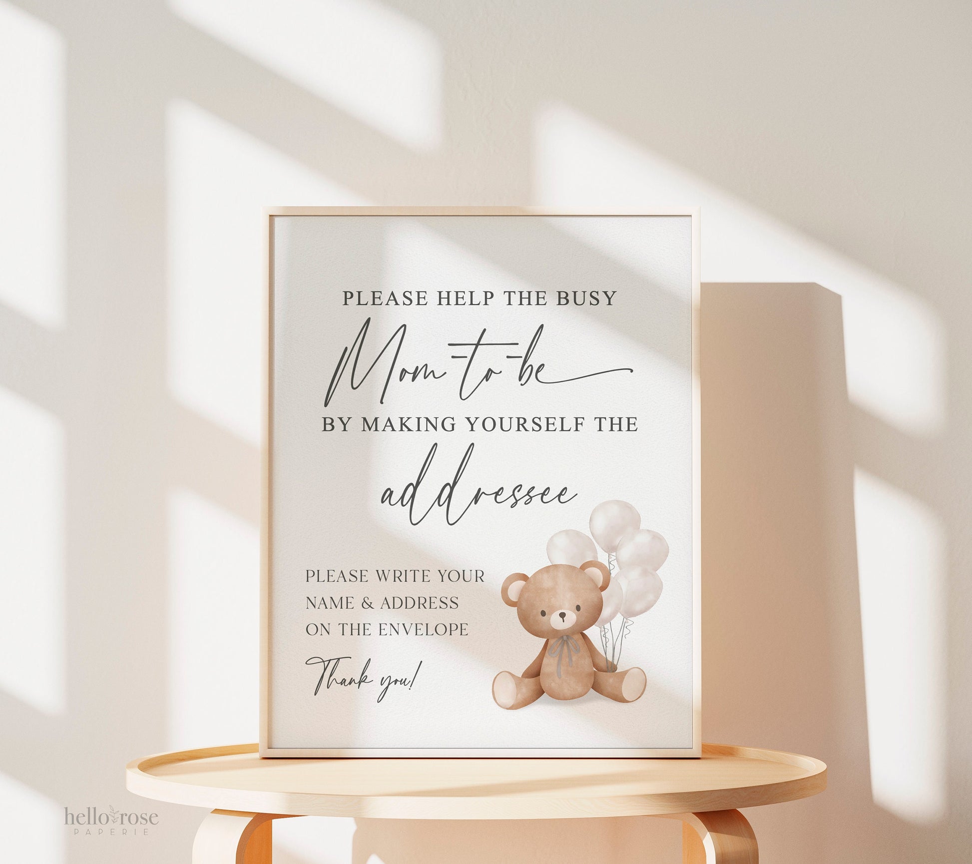 Help the Busy Mom to Be Addressee Baby Shower Envelope Sign, Bear with White Balloons, Boy Girl Baby Shower, Sprinkle, Template Download