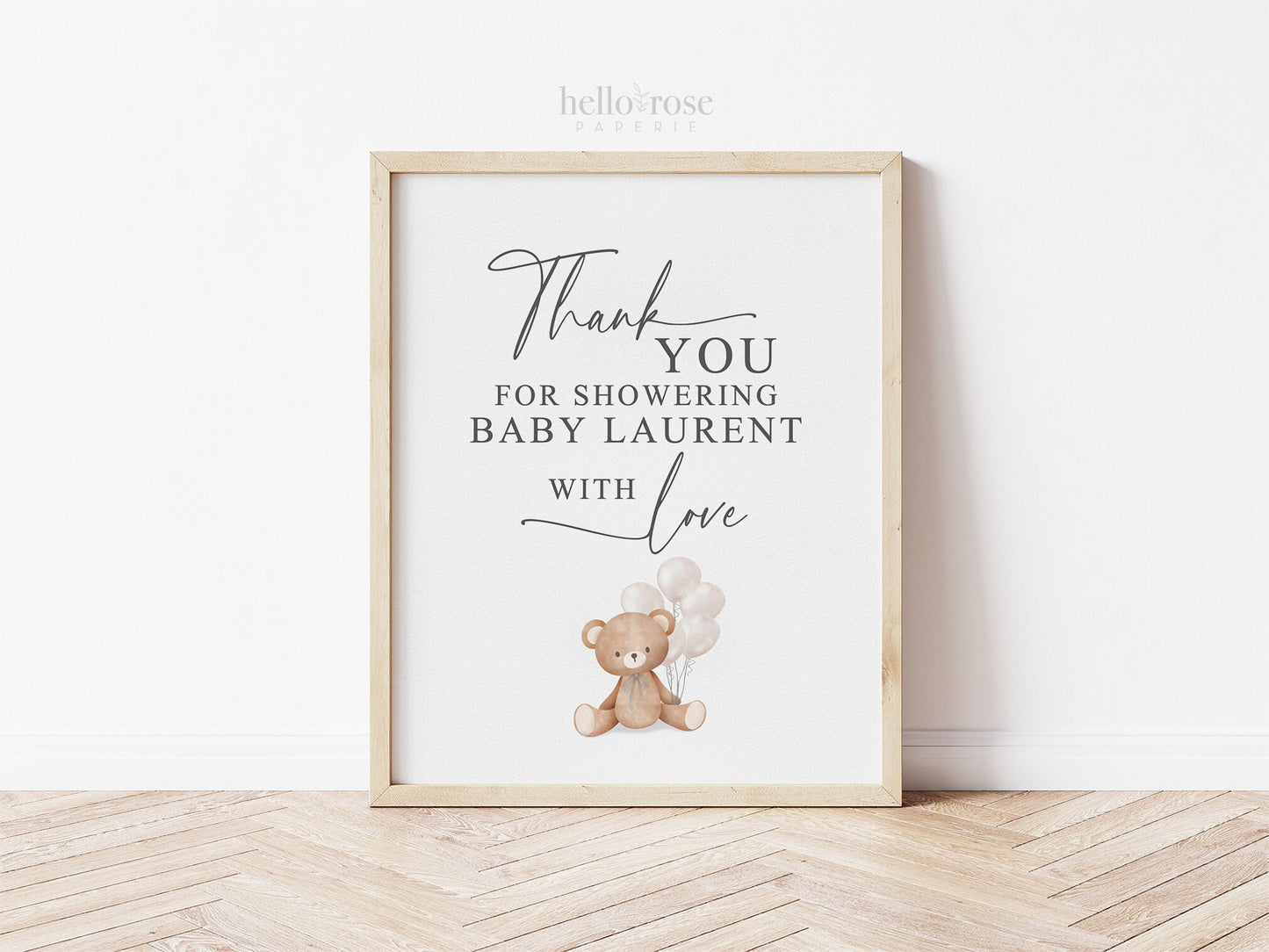 Thank You for Showering Baby with Love Baby Shower Sign, Bear with White Balloons, Boy Girl Baby Shower Sprinkle, Template Download Templett