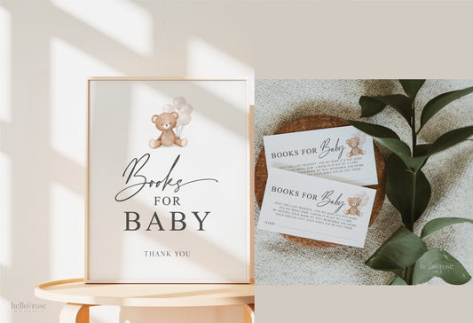 Books for Baby Printable Sign and Cards, Teddy Bear with White Balloons, Boy Girl Baby, Couples Shower, Can Bearly Wait, Template Download