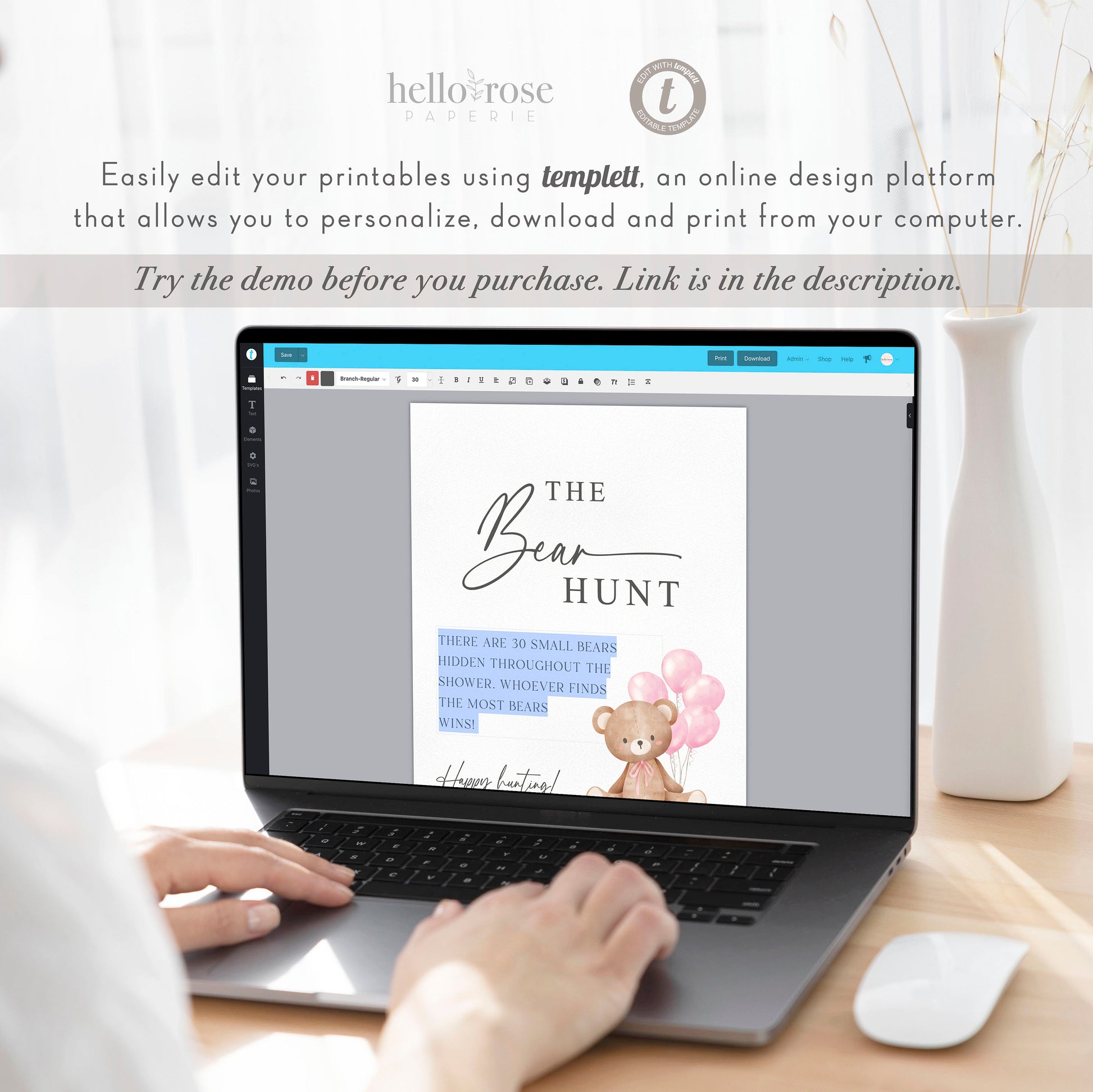 Baby Bear Hunt Baby Shower Game Sign, Teddy Bear with Pink Balloons, Girl Baby Shower, Baby Sprinkle, We Can Bearly Wait, Template Download