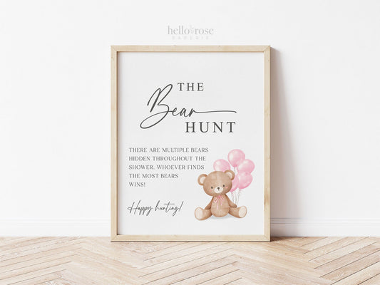 Baby Bear Hunt Baby Shower Game Sign, Teddy Bear with Pink Balloons, Girl Baby Shower, Baby Sprinkle, We Can Bearly Wait, Template Download