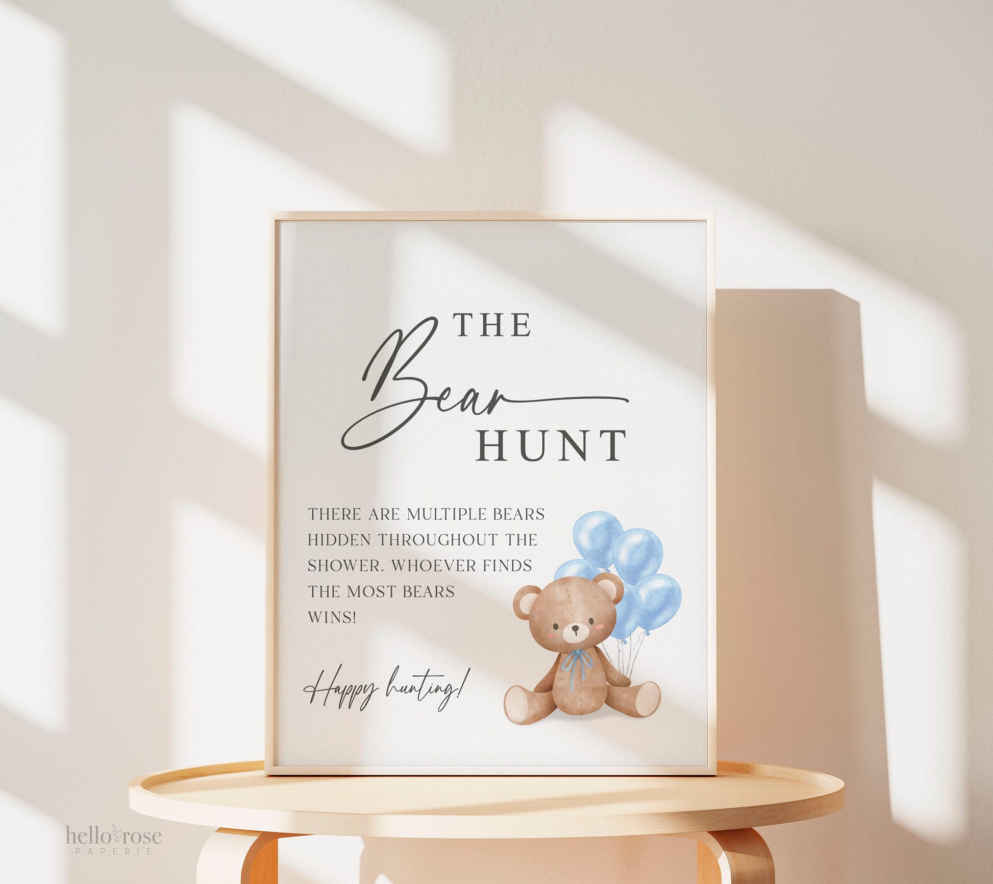 Baby Bear Hunt Baby Shower Game Sign, Teddy Bear with Blue Balloons, Boy Baby Shower, Baby Sprinkle, We Can Bearly Wait, Template Download