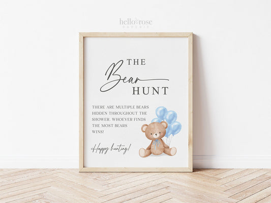 Baby Bear Hunt Baby Shower Game Sign, Teddy Bear with Blue Balloons, Boy Baby Shower, Baby Sprinkle, We Can Bearly Wait, Template Download