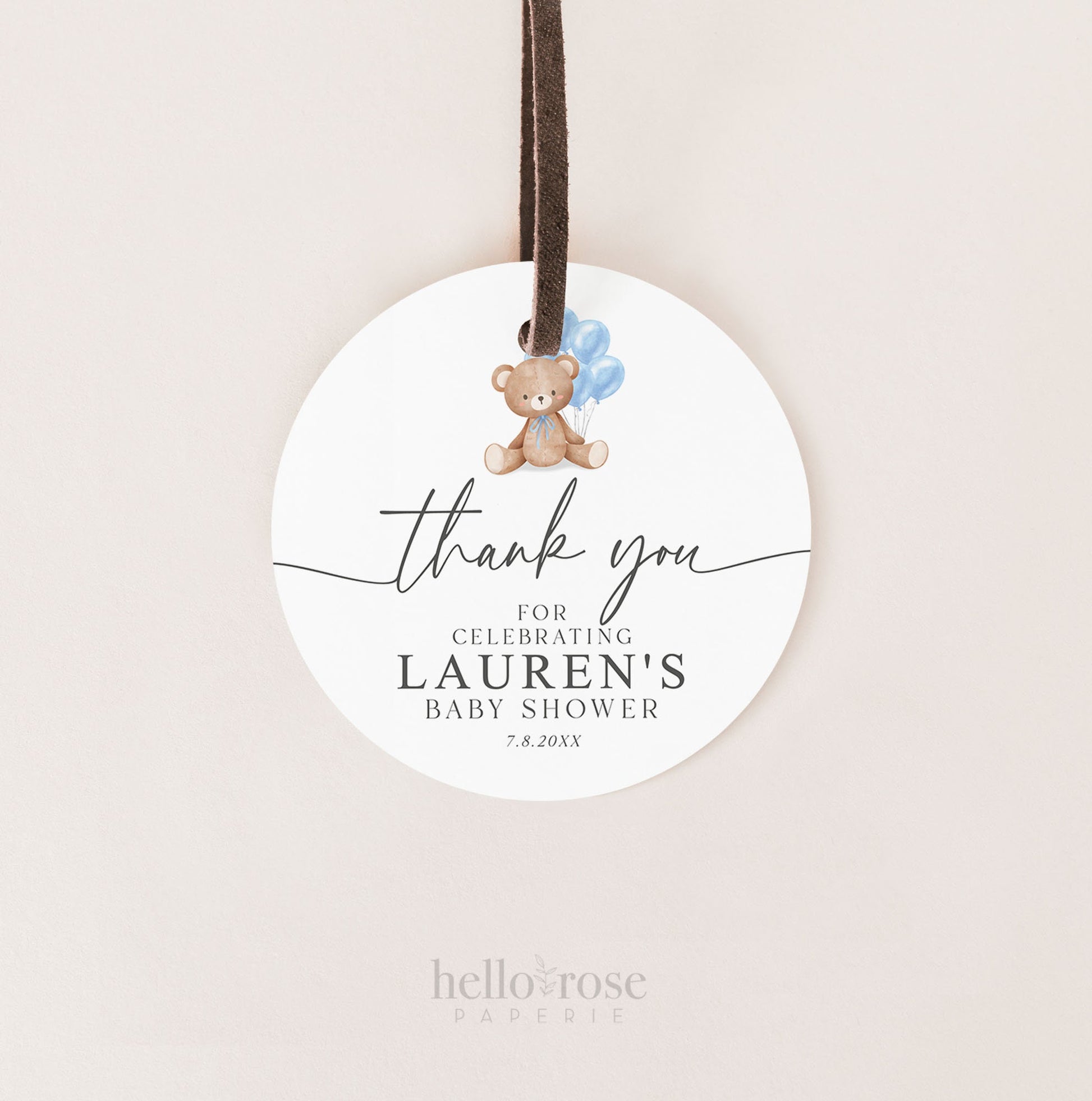 Bear Baby Shower Thank You Favor Tags Template . Boy Blue Balloons Tags Stickers Labels . Personalized Editable PRINTABLE Templett Download