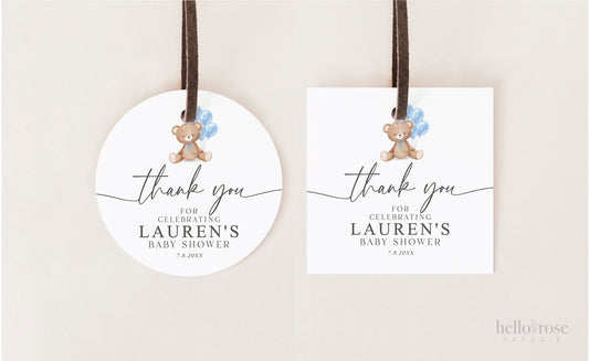 Bear Baby Shower Thank You Favor Tags Template . Boy Blue Balloons Tags Stickers Labels . Personalized Editable PRINTABLE Templett Download