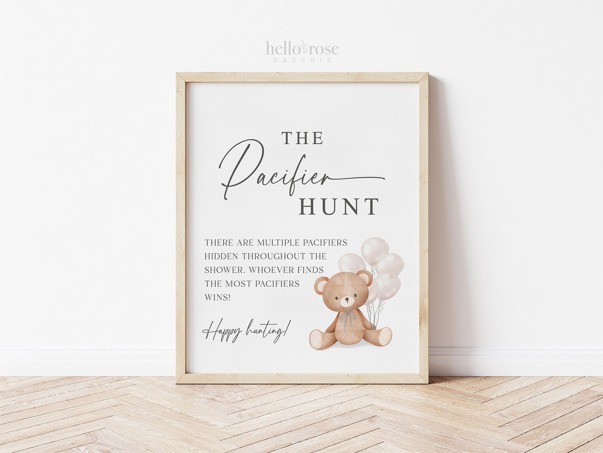 Pacifier Hunt Baby Shower Game Sign, Teddy Bear with Beige Balloons, Boy Girl Baby Shower, Sprinkle, We Can Bearly Wait, Template Download