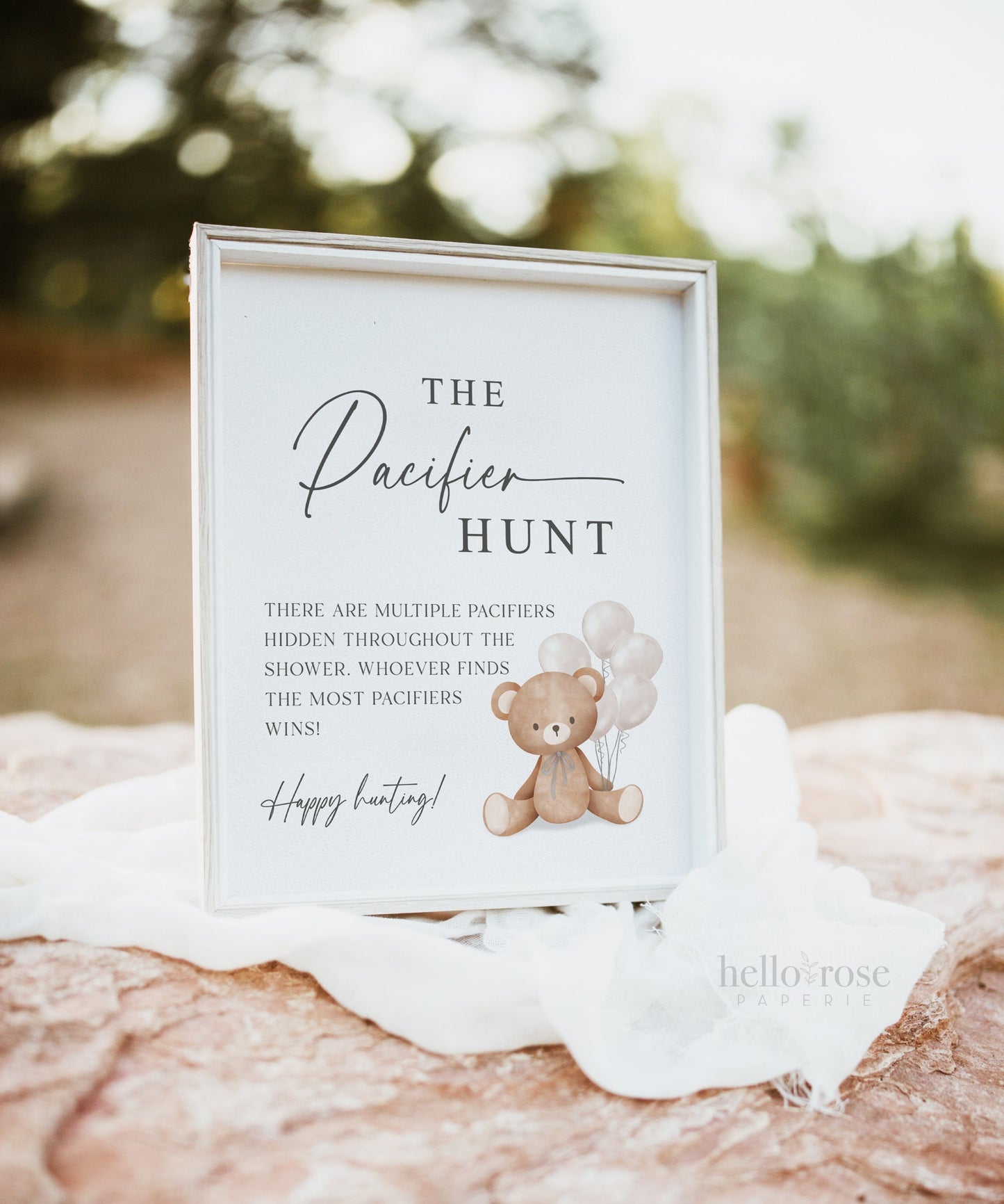 Pacifier Hunt Baby Shower Game Sign, Teddy Bear with Beige Balloons, Boy Girl Baby Shower, Sprinkle, We Can Bearly Wait, Template Download