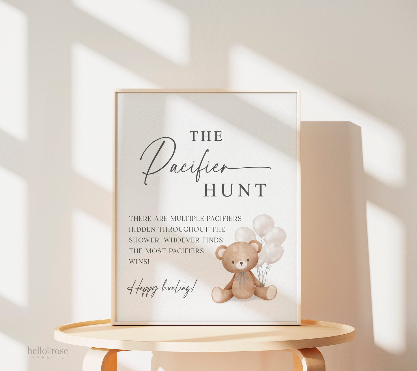 Pacifier Hunt Baby Shower Game Sign, Teddy Bear with Beige Balloons, Boy Girl Baby Shower, Sprinkle, We Can Bearly Wait, Template Download