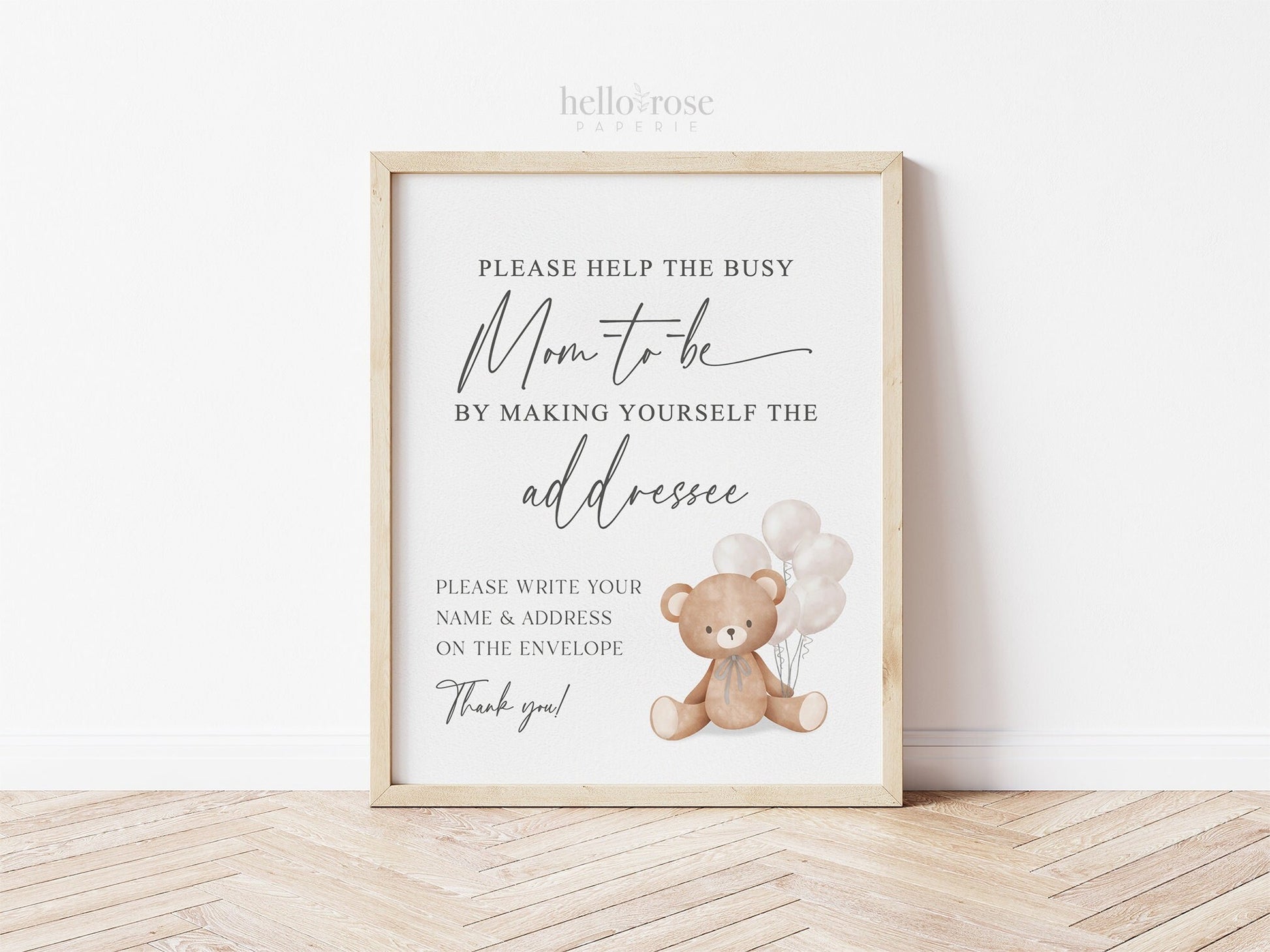 Help the Busy Mom to Be Addressee Baby Shower Envelope Sign, Bear with White Balloons, Boy Girl Baby Shower, Sprinkle, Template Download