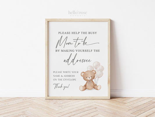 Help the Busy Mom to Be Addressee Baby Shower Envelope Sign, Bear with White Balloons, Boy Girl Baby Shower, Sprinkle, Template Download
