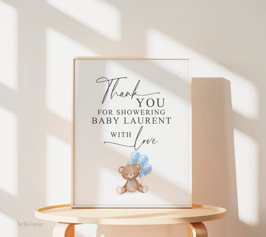 Thank You for Showering Baby with Love Baby Shower Sign, Bear with Blue Balloons, Boy Baby Shower, Baby Sprinkle, Template Download Templett