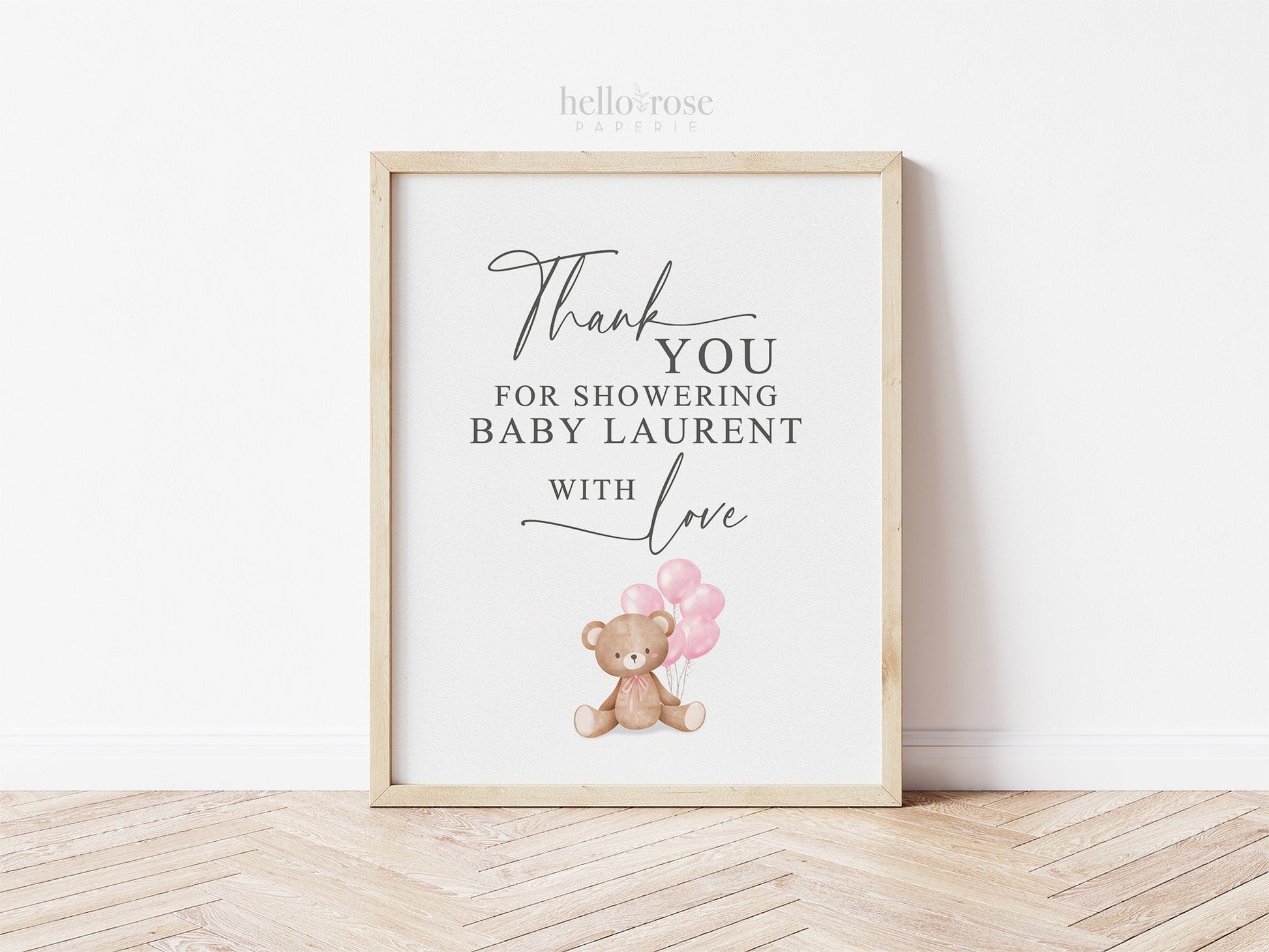 Thank You for Showering Baby with Love Baby Shower Sign, Bear with Pink Balloons, Girl Baby Shower, Sprinkle, Template Download Templett