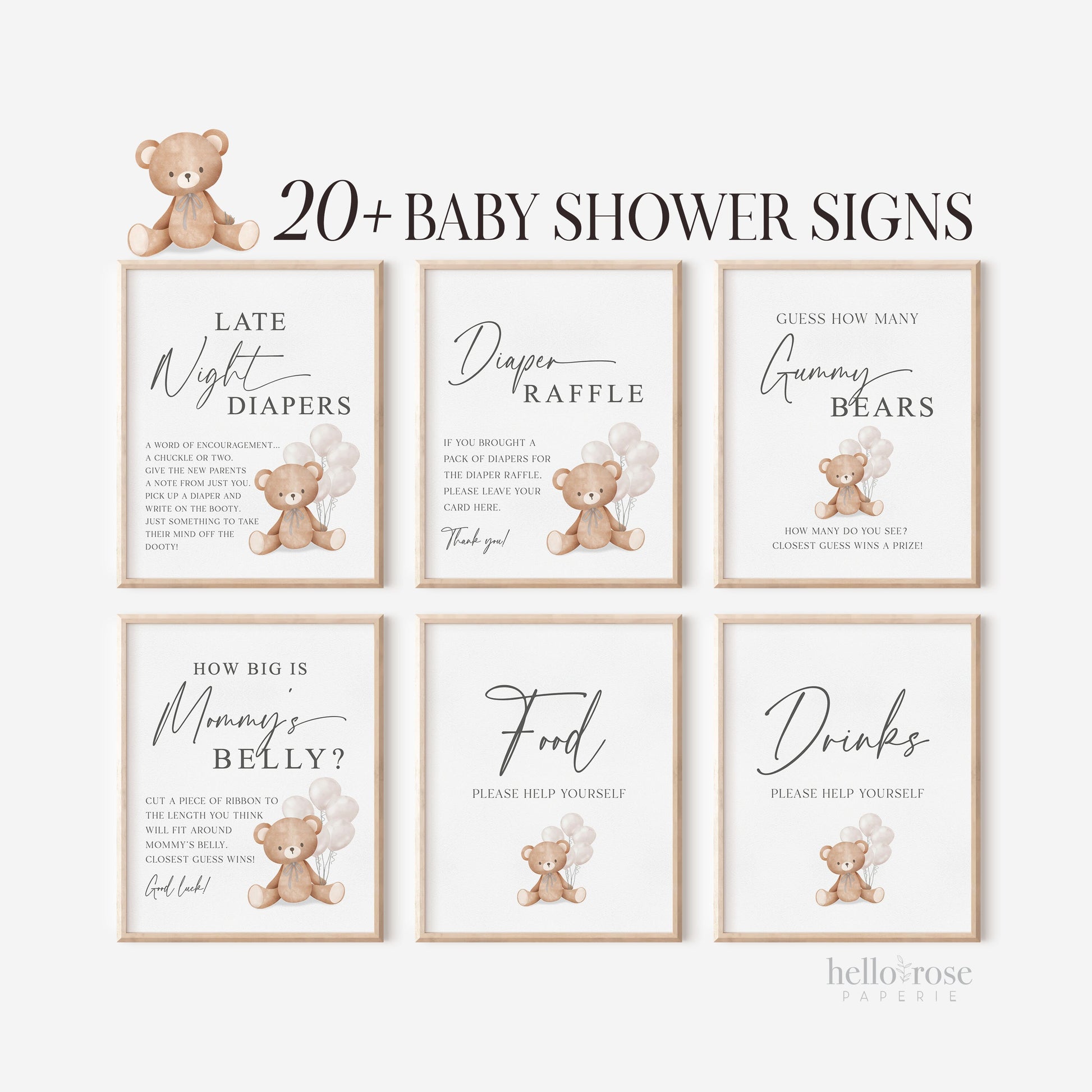 Bear Bundle of 20+ Baby Shower Signs . Teddy + White Beige Balloons, Boy Girl Neutral, Can Bearly Wait, Editable Template Download Templett
