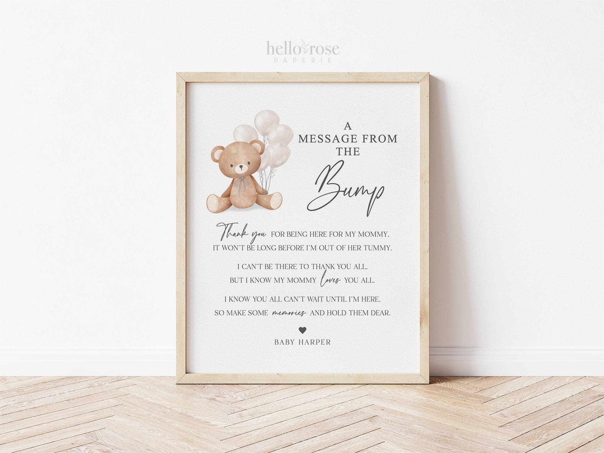 A Message from the Bump Baby Shower Sign, Message From Baby, Bear White Balloons, Girl Boy Baby Shower, PRINTABLE Template Download Templett