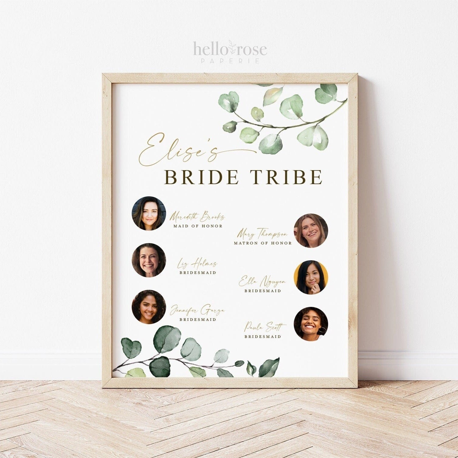 Bride Tribe Personalized Printable Sign . Meet the Maids . Bridesmaids Maid and Matron of Honor . Greenery and Gold . Digital Download