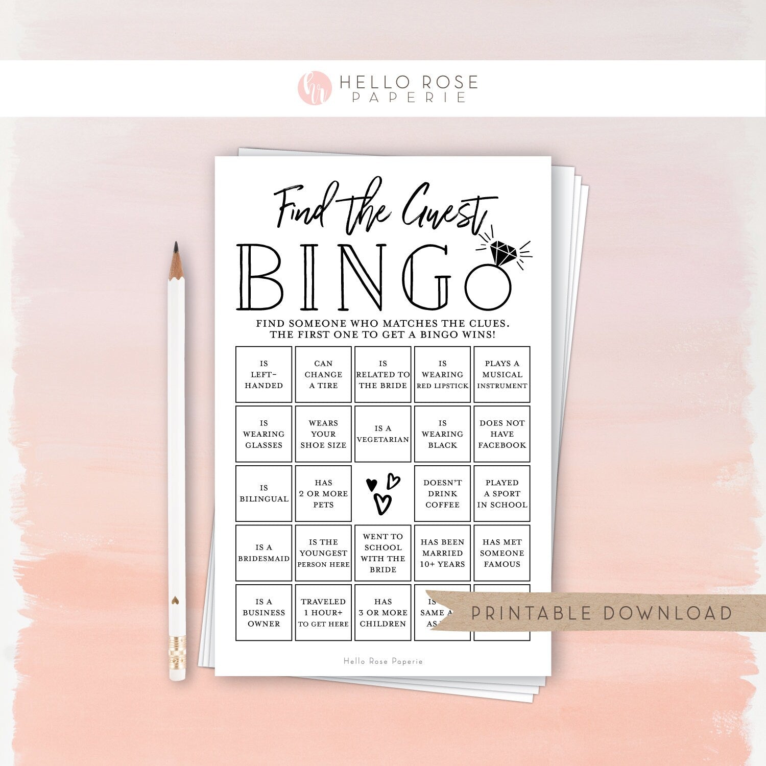 Find the Guest Bingo PRINTABLE Bridal Shower Game . Couples Shower . Kraft + Minimalist Wedding . Editable Template Download Templett