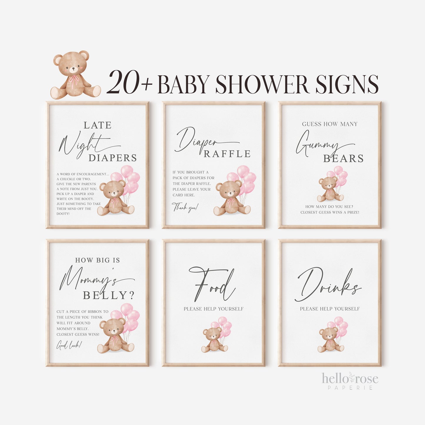Bear Bundle of 20+ Baby Shower Signs . Teddy with Pink Balloons, Girl Baby Shower, We Can Bearly Wait, Editable Template Download Templett