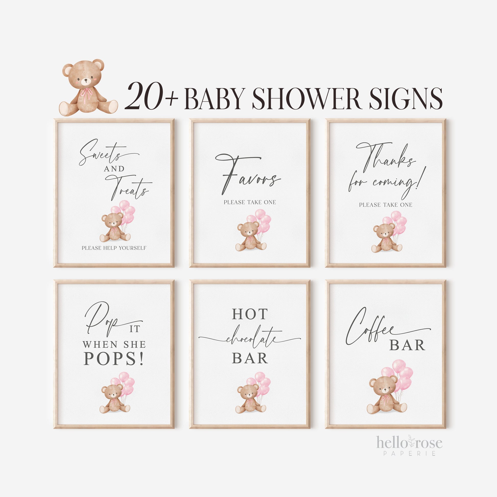 Bear Bundle of 20+ Baby Shower Signs . Teddy with Pink Balloons, Girl Baby Shower, We Can Bearly Wait, Editable Template Download Templett