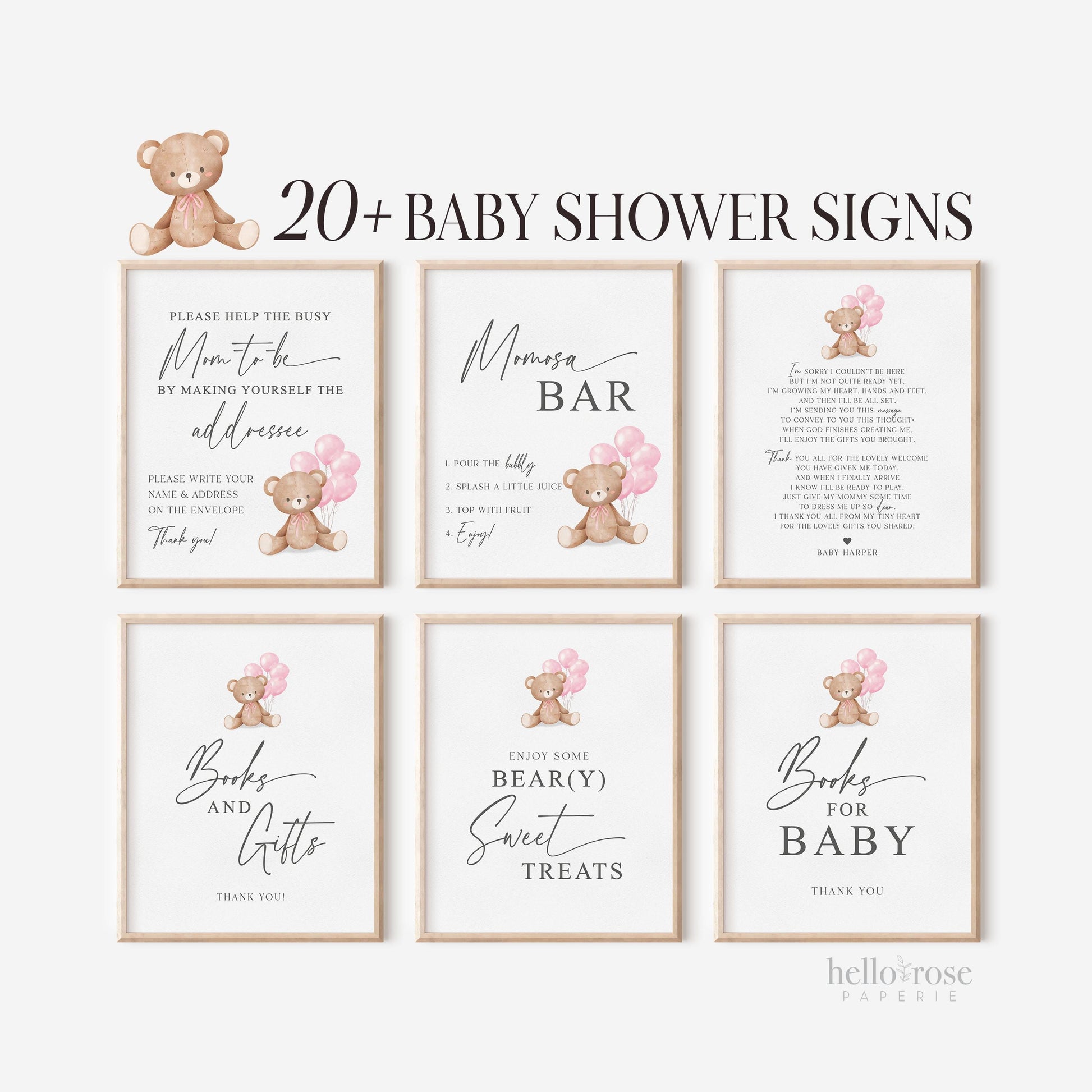Bear with Balloons Baby Shower Bundle of 60+ Games, Signs, Tags, Labels . Girl Pink . Printable Editable Template Instant Download Templett