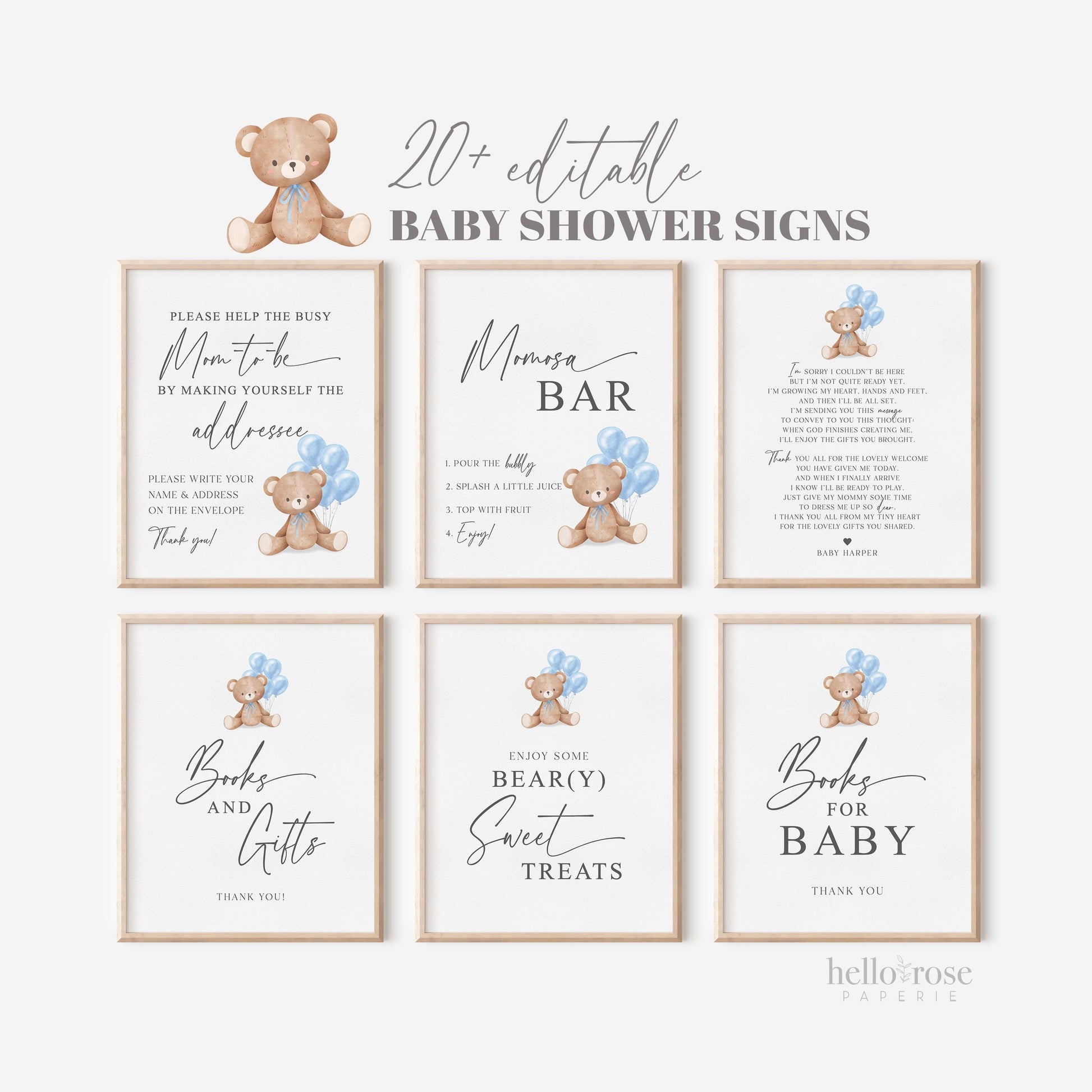 Bear with Bow Balloons Baby Shower Bundle of 60+ Games, Signs, Tags, Labels, Blue Boy, Printable Editable Template Instant Download Templett