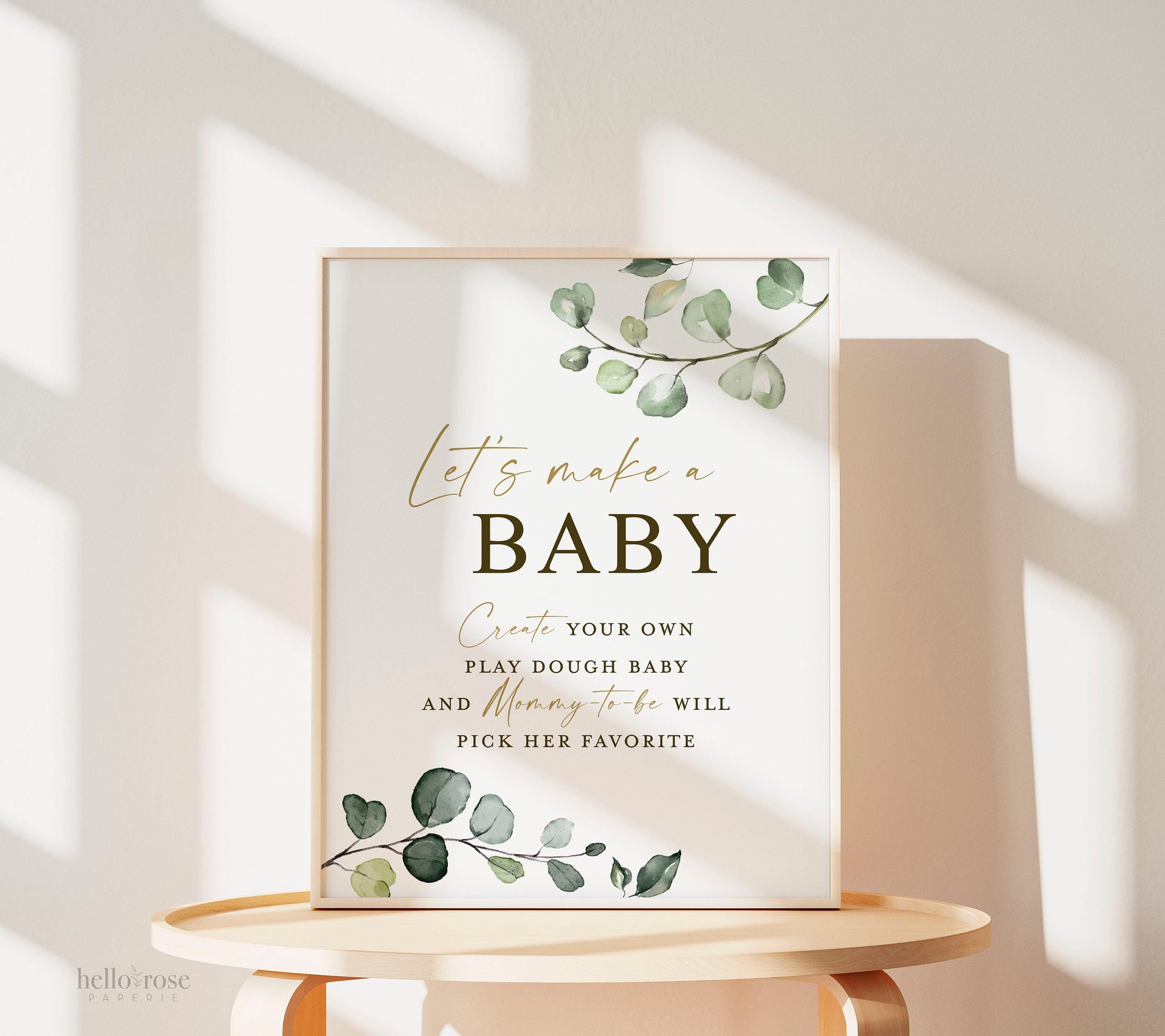 Lets Make a Baby Game Sign . Play Dough Baby . Boy Girl Neutral Shower . Greenery Gold . PRINTABLE Editable Template Download Templett G2-T