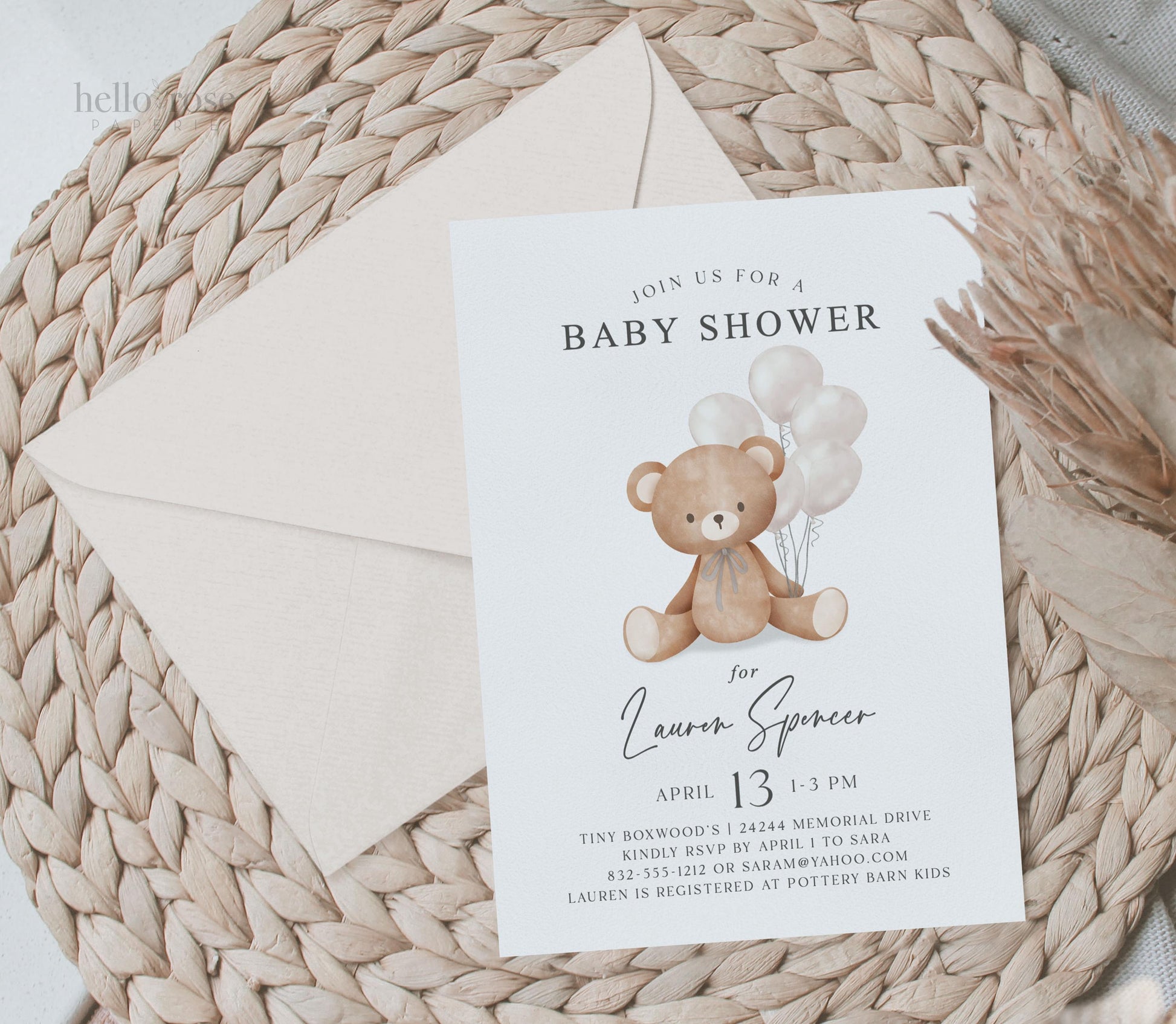 Bear Baby Shower Invitation, We Can Bearly Wait, Bear w White Beige Balloons, Boy Girl Gender Neutral, Editable Template Download Templett