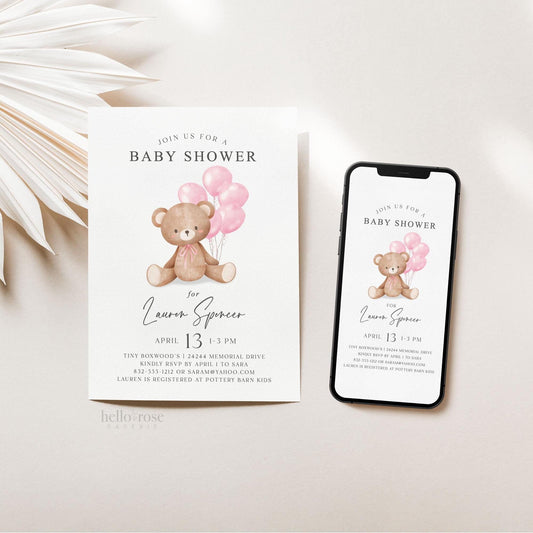 Bear Baby Shower Invitation, We Can Bearly Wait, Bear with Pink Balloons, Girl Baby Shower, Sprinkle, Editable Template Download Templatt