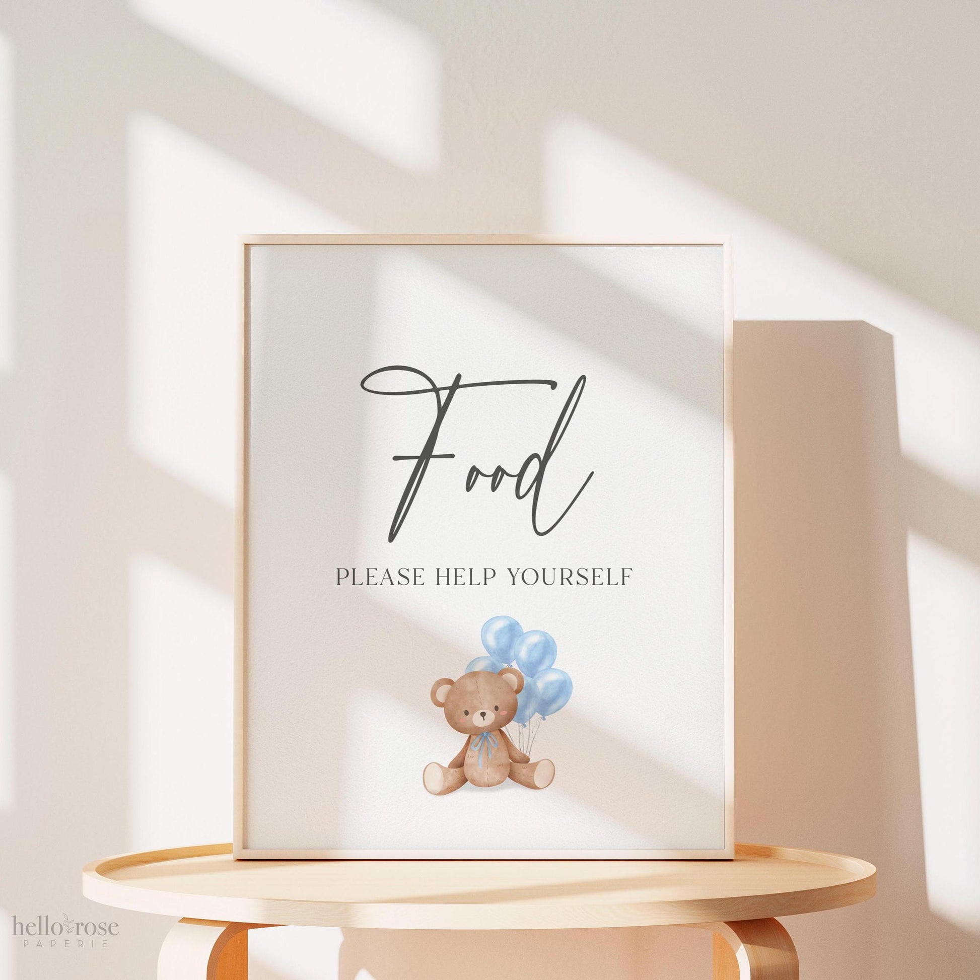 Food Buffet Tent Card + Sign, Bear Baby Shower, Teddy Boy with Bow + Blue Balloons, Sprinkle, We Can Bearly Wait, Template Download Templett