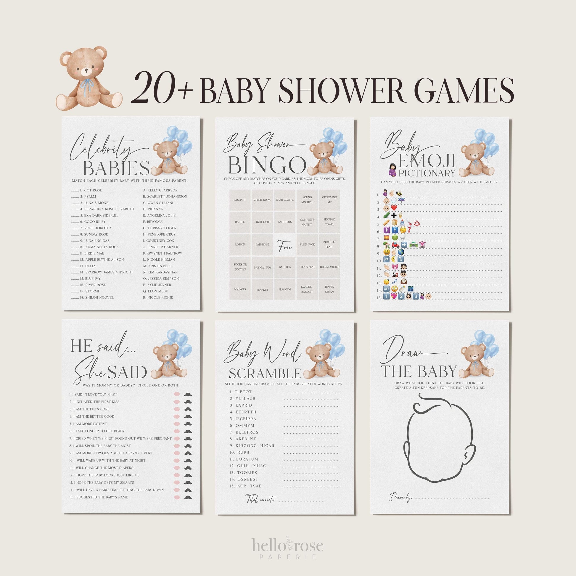 Bear Bundle of 20+ Baby Shower Games . Teddy with Blue Balloons, Boy Baby Shower, We Can Bearly Wait, Editable Template Download Templett