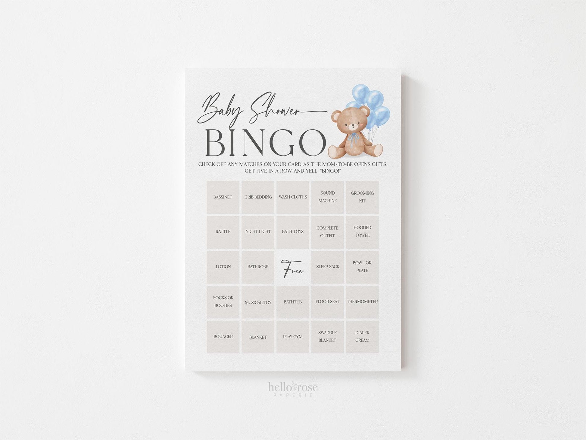 Baby Shower Bingo Gift Opening Game, Bear with Blue Bow Balloons, Boy Teddy Bear, We Can Bearly Wait, Editable Template Download TEMPLETT