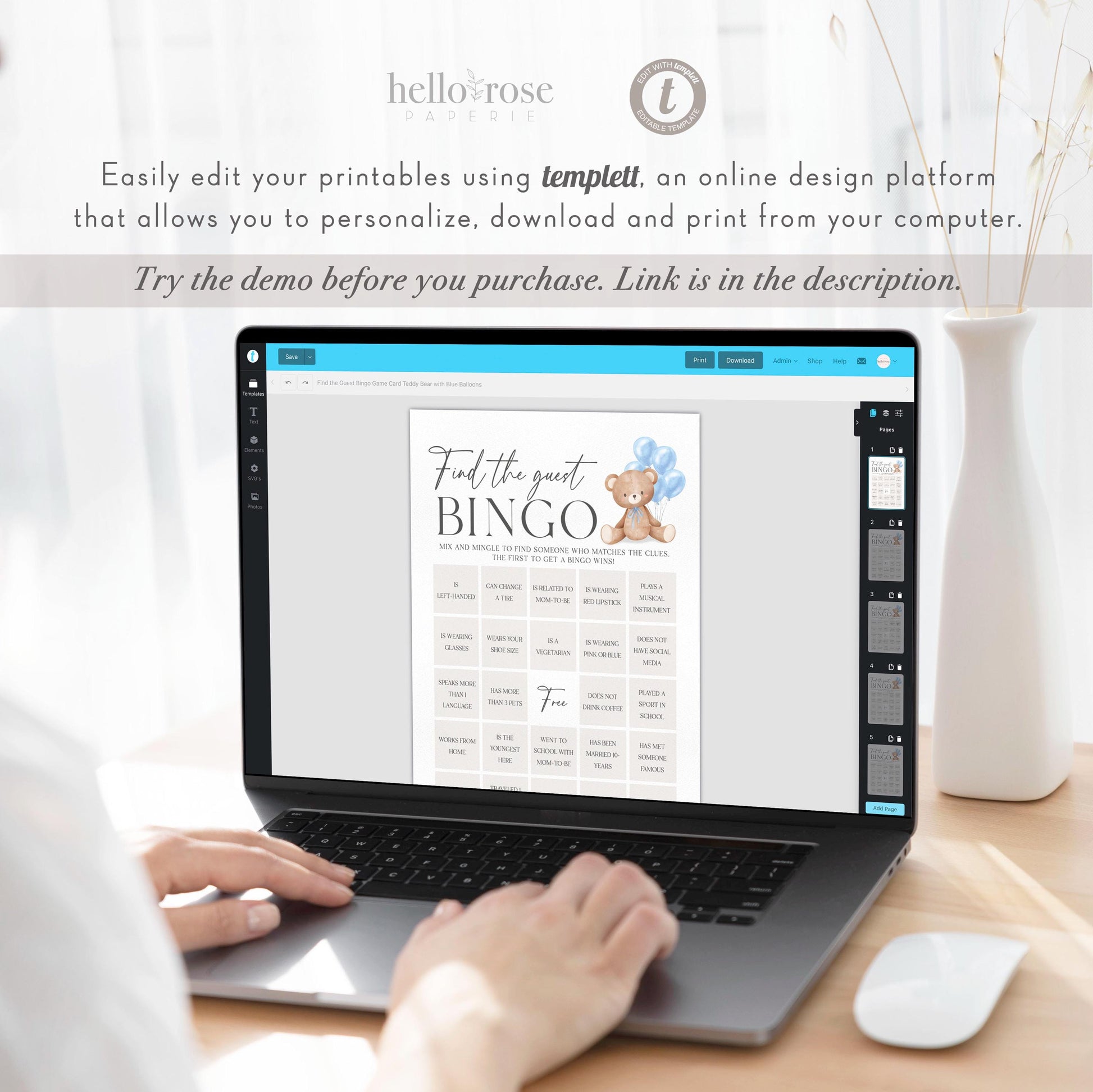 Find the Guest Bingo Baby Shower Game, Bear with Blue Bow Balloons, Boy Teddy Bear, We Can Bearly Wait, Editable Template Download TEMPLETT