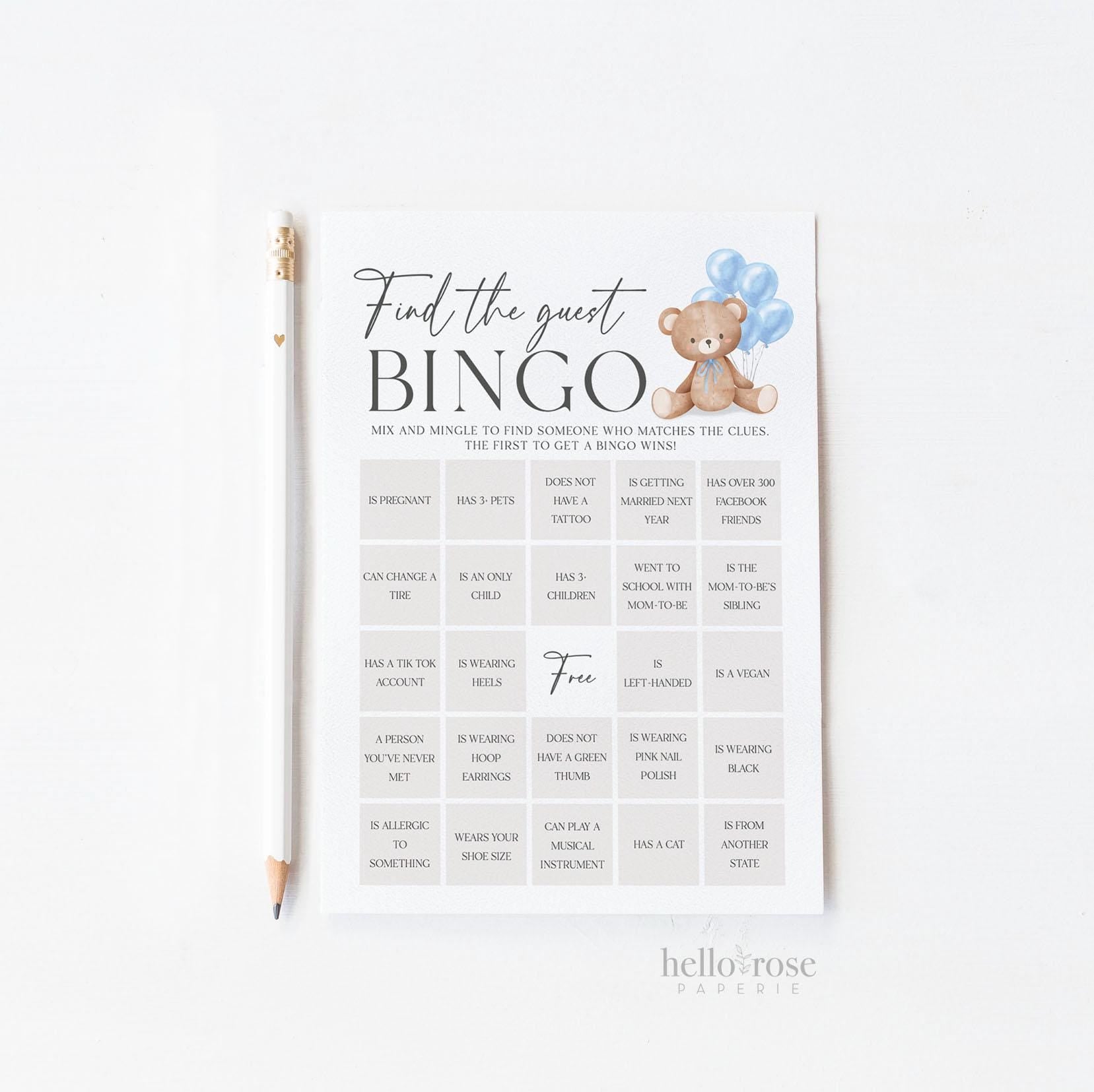 Find the Guest Bingo Baby Shower Game, Bear with Blue Bow Balloons, Boy Teddy Bear, We Can Bearly Wait, Editable Template Download TEMPLETT