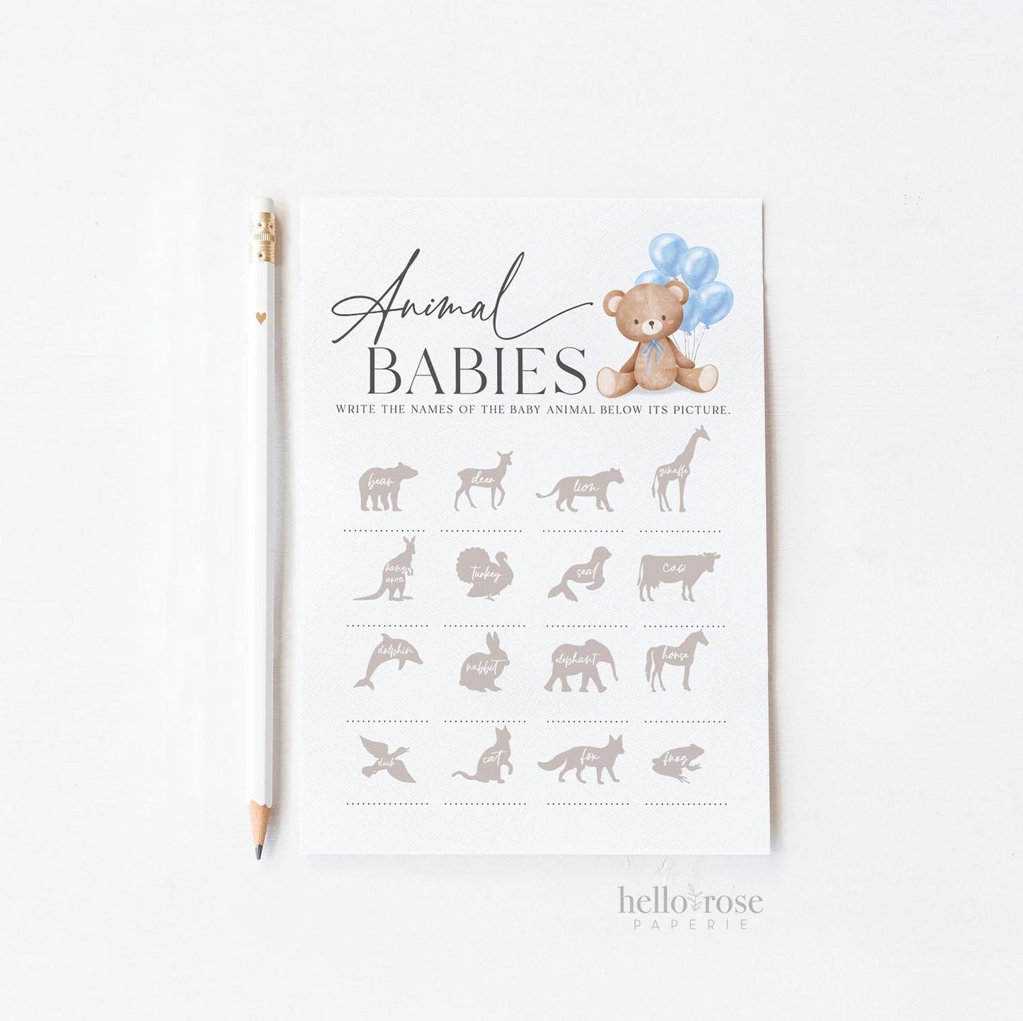 Animal Babies Baby Shower Game, Bear with Blue Bow Balloons, Boy Teddy Bear, We Can Bearly Wait, Editable Template Download TEMPLETT