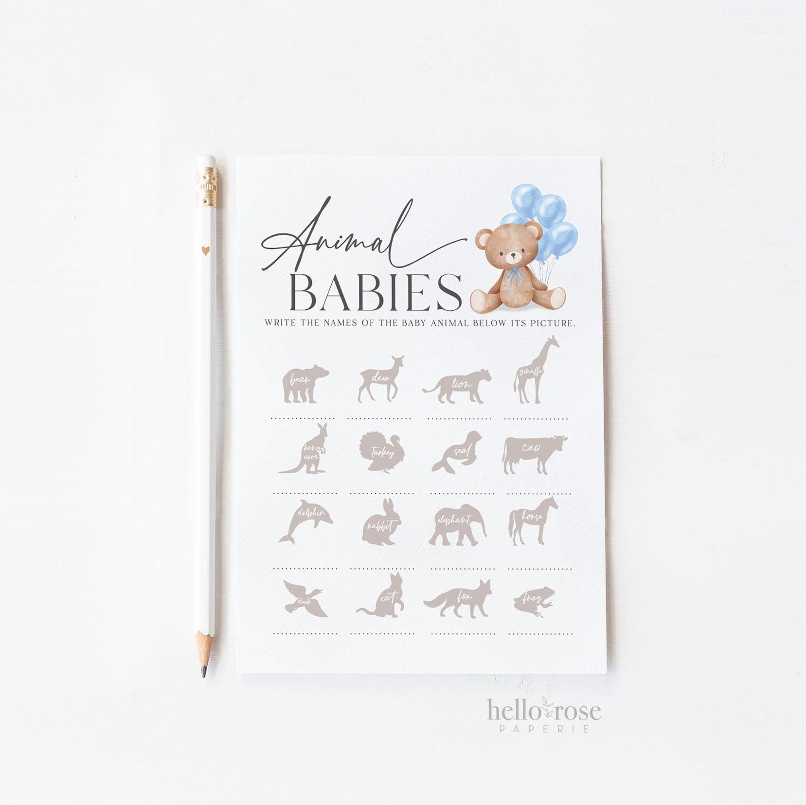 Animal Babies Baby Shower Game, Bear with Blue Bow Balloons, Boy Teddy Bear, We Can Bearly Wait, Editable Template Download TEMPLETT