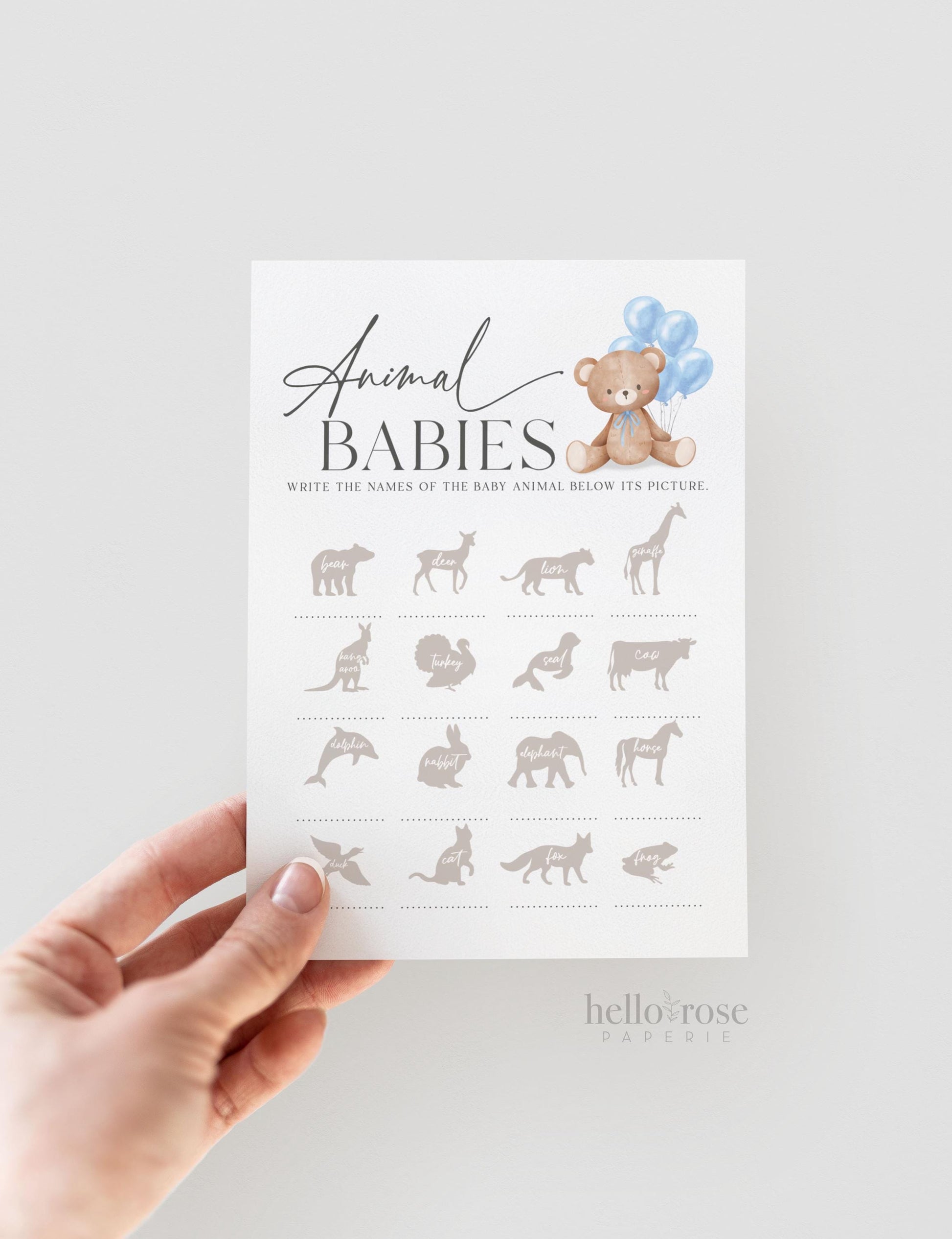Animal Babies Baby Shower Game, Bear with Blue Bow Balloons, Boy Teddy Bear, We Can Bearly Wait, Editable Template Download TEMPLETT