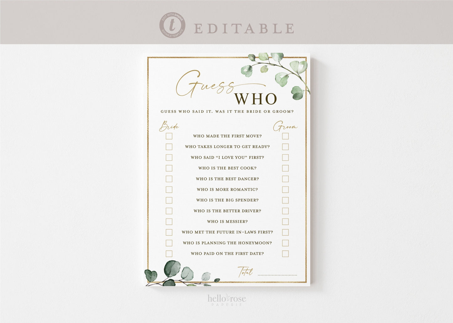 Guess Who Said It Bridal Shower Bachelorette Hens Game . Greenery + Gold . PRINTABLE Editable Template Instant Download Templett G2-T